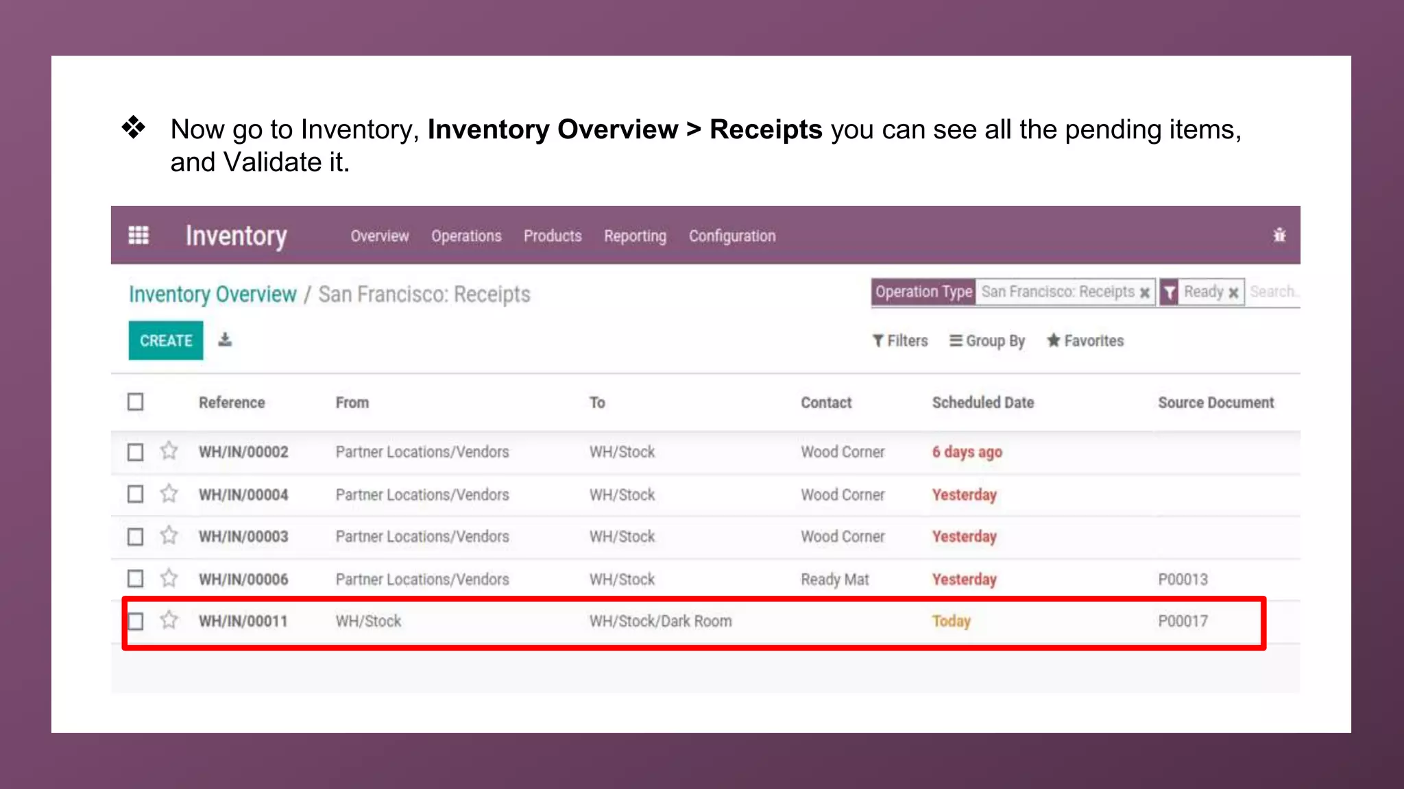 ❖ Now go to Inventory, Inventory Overview > Receipts you can see all the pending items,
and Validate it.
 
