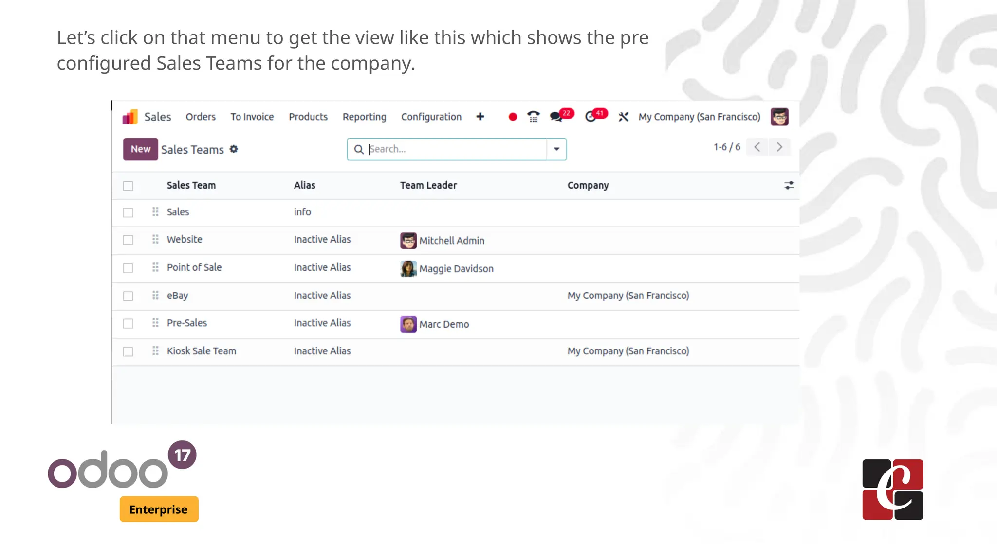 Enterprise
Let’s click on that menu to get the view like this which shows the pre
configured Sales Teams for the company.
 