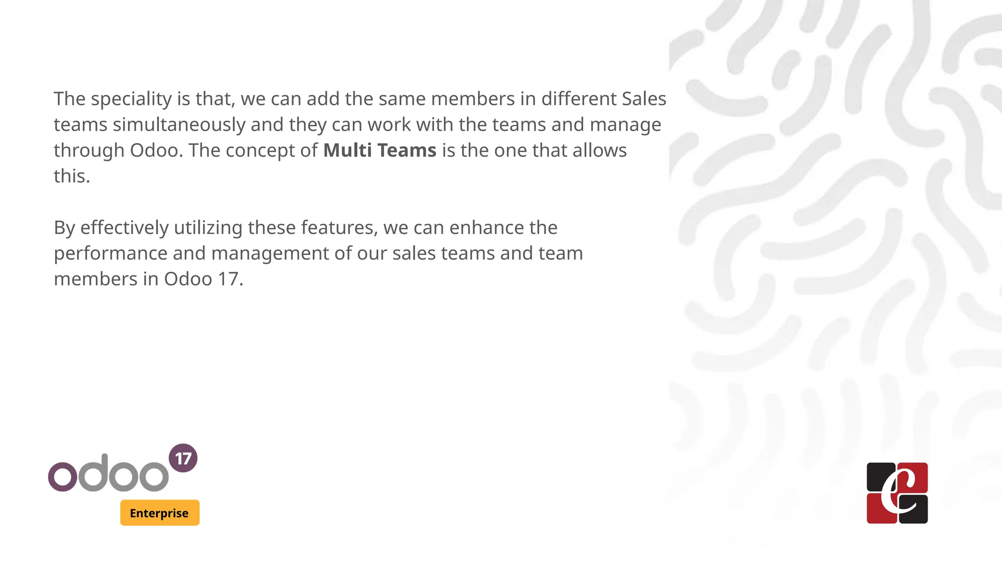 Enterprise
The speciality is that, we can add the same members in different Sales
teams simultaneously and they can work with the teams and manage
through Odoo. The concept of Multi Teams is the one that allows
this.
By effectively utilizing these features, we can enhance the
performance and management of our sales teams and team
members in Odoo 17.
 