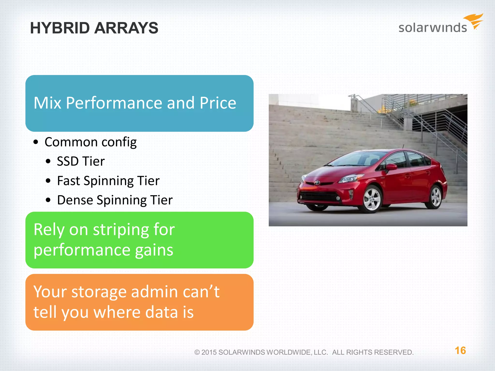 HYBRID ARRAYS Mix Performance and Price • Common config • SSD Tier • Fast Spinning Tier • Dense Spinning Tier Rely on striping for performance gains Your storage admin can’t tell you where data is 16© 2015 SOLARWINDS WORLDWIDE, LLC. ALL RIGHTS RESERVED. 