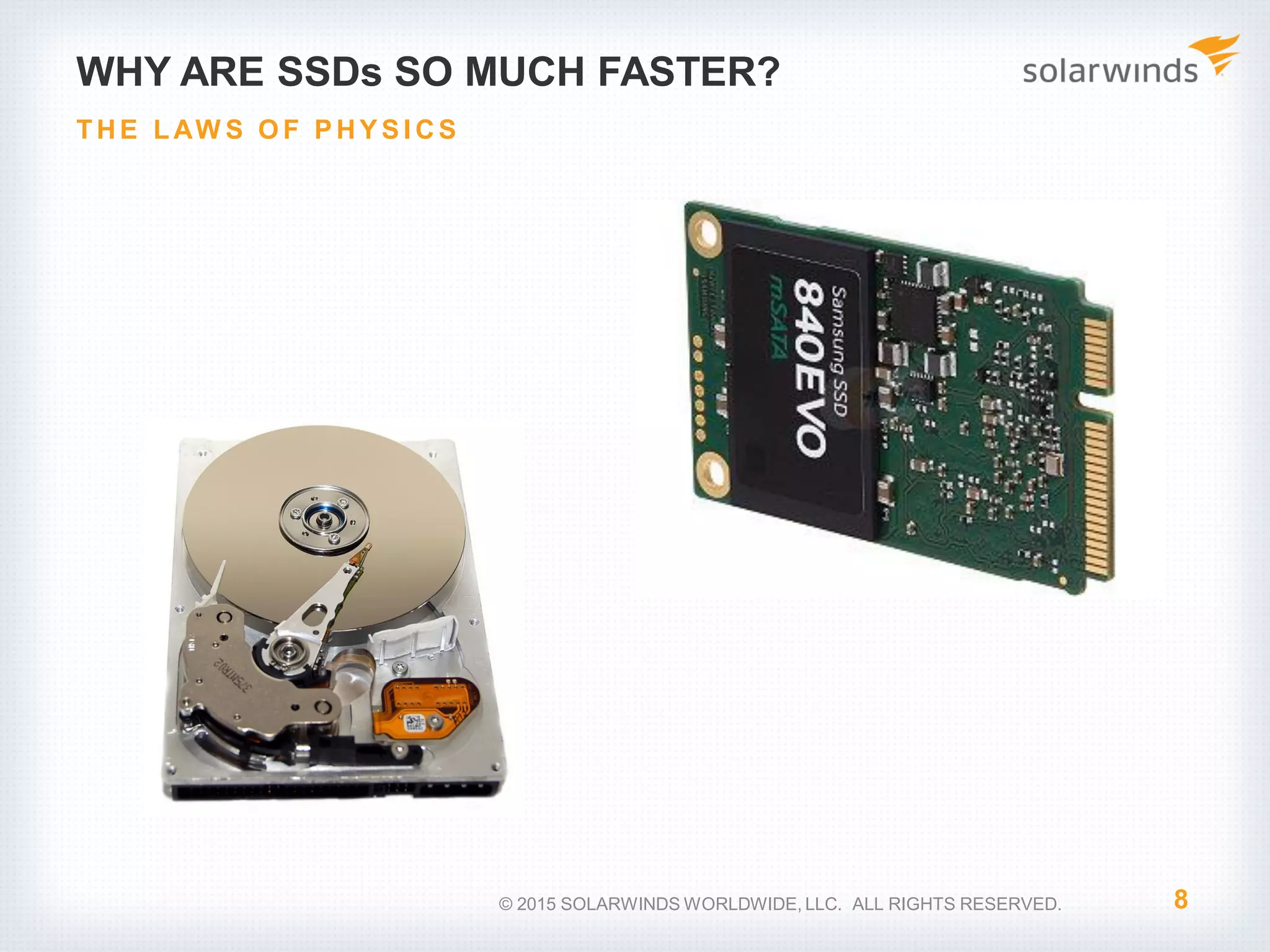 WHY ARE SSDs SO MUCH FASTER? 8 THE LAW S O F P HY S I CS © 2015 SOLARWINDS WORLDWIDE, LLC. ALL RIGHTS RESERVED. 