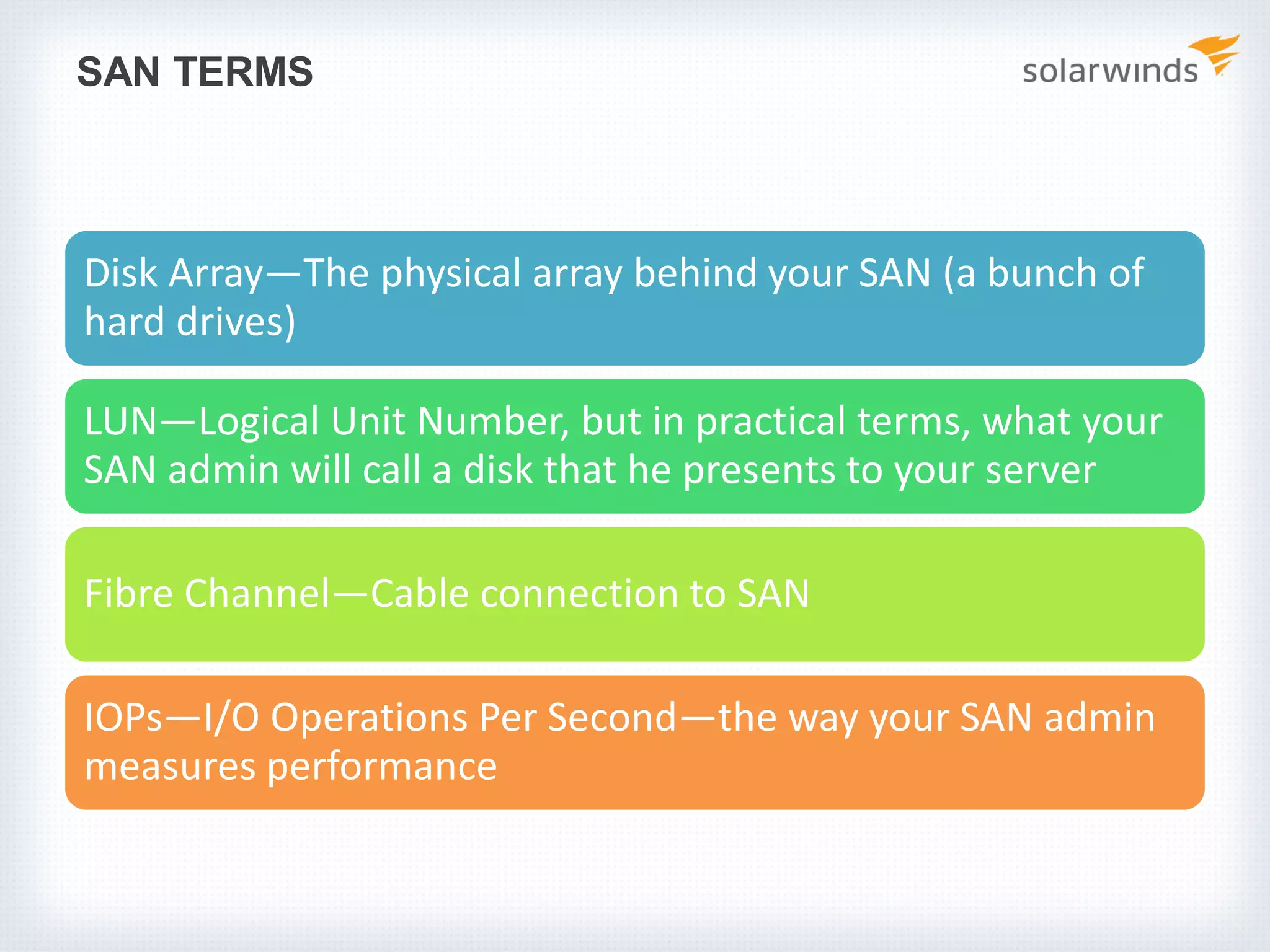 SAN TERMS Disk Array—The physical array behind your SAN (a bunch of hard drives) LUN—Logical Unit Number, but in practical terms, what your SAN admin will call a disk that he presents to your server Fibre Channel—Cable connection to SAN IOPs—I/O Operations Per Second—the way your SAN admin measures performance 