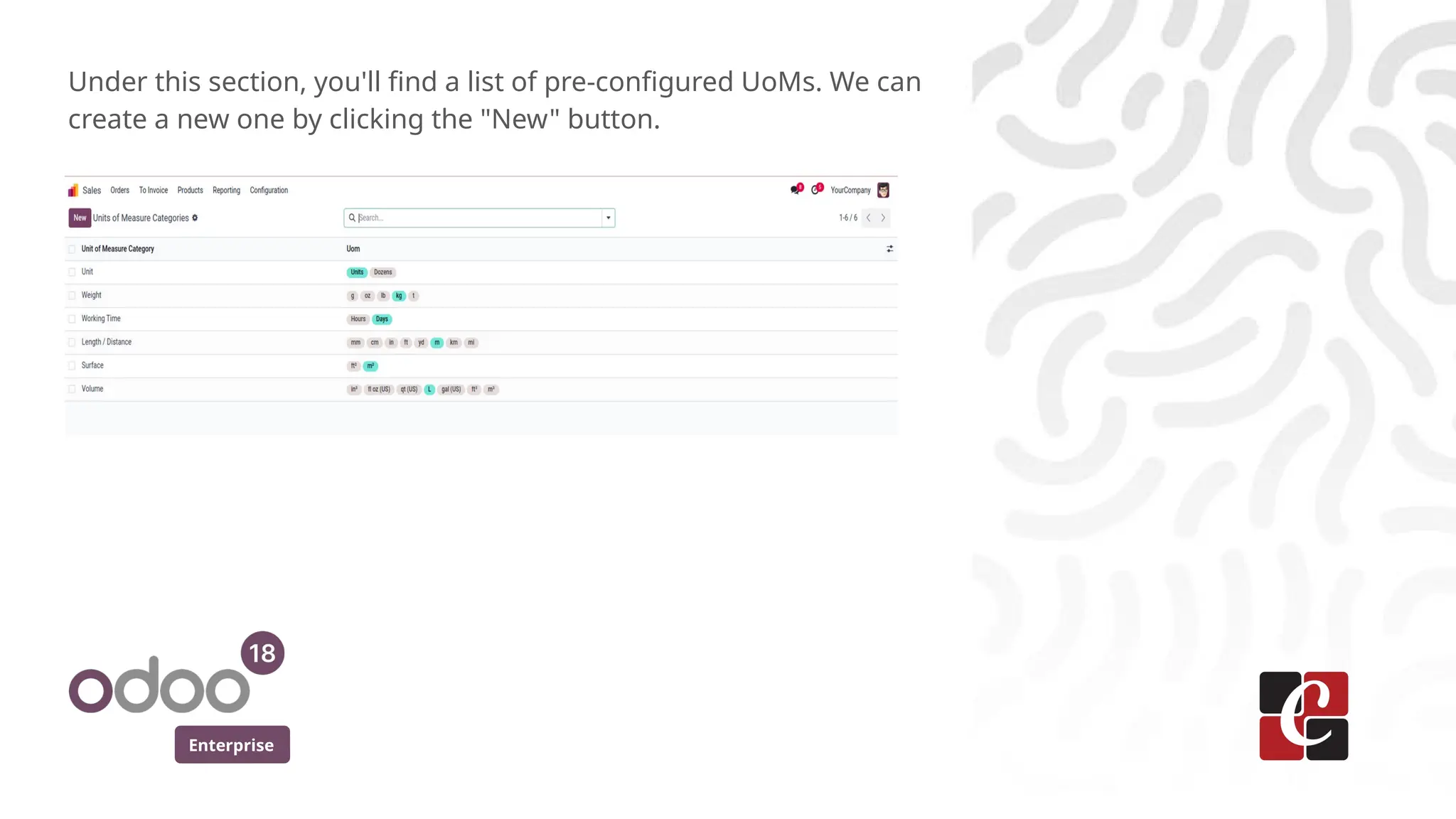 Enterprise
Under this section, you'll find a list of pre-configured UoMs. We can
create a new one by clicking the "New" button.
 