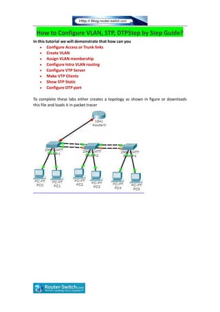 How to Configure VLAN, STP, DTPStep by Step Guide?
In this tutorial we will demonstrate that how can you
Configure Access or Trunk links
Create VLAN
Assign VLAN membership
Configure Intra VLAN routing
Configure VTP Server
Make VTP Clients
Show STP Static
Configure DTP port
To complete these labs either creates a topology as shown in figure or downloads
this file and loads it in packet tracer
 