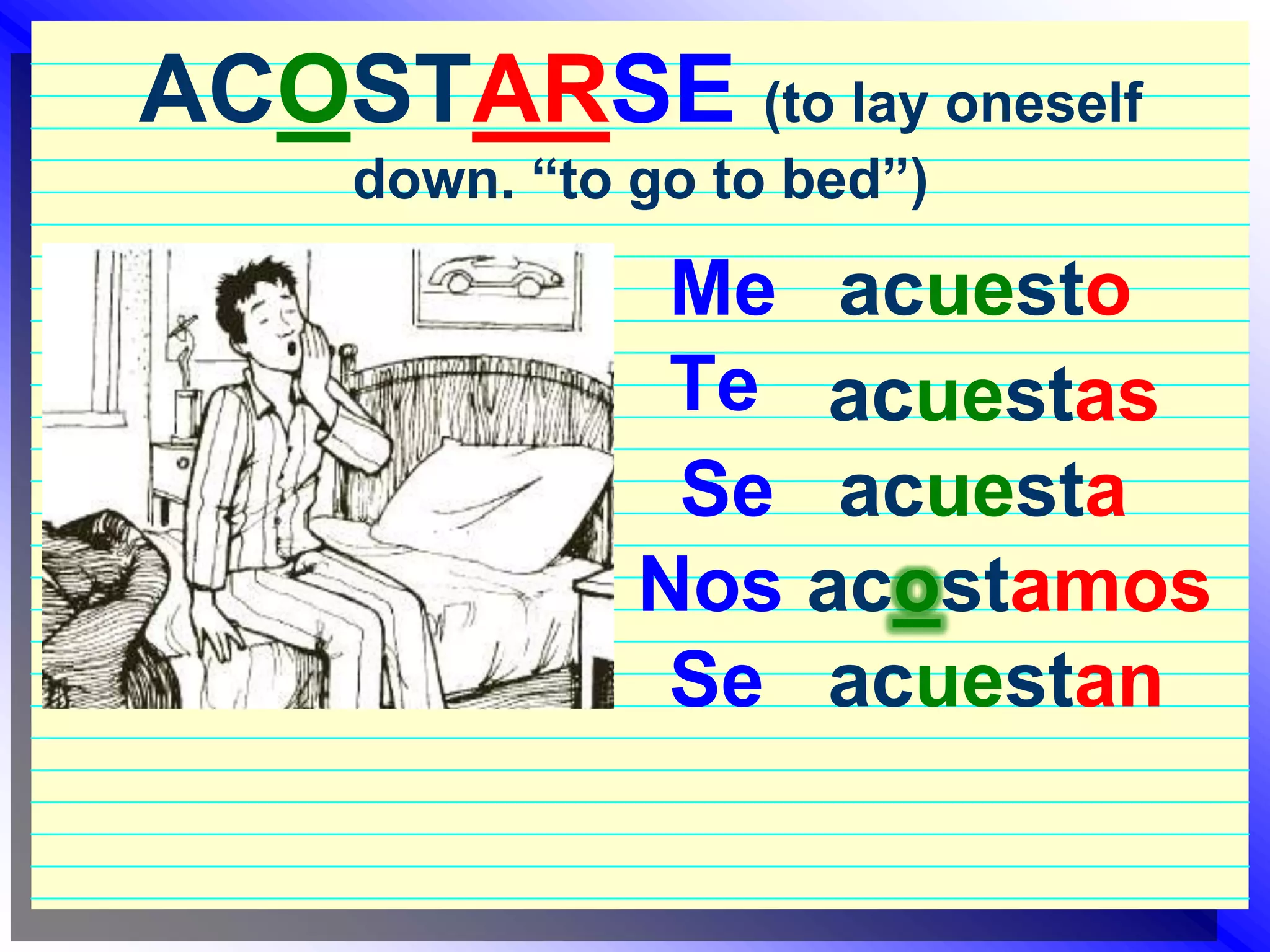 ACOSTARSE(to lay oneself down. “to go to bed”)acuestoMeTeacuestasacuestaSeacostamosNosacuestanSe