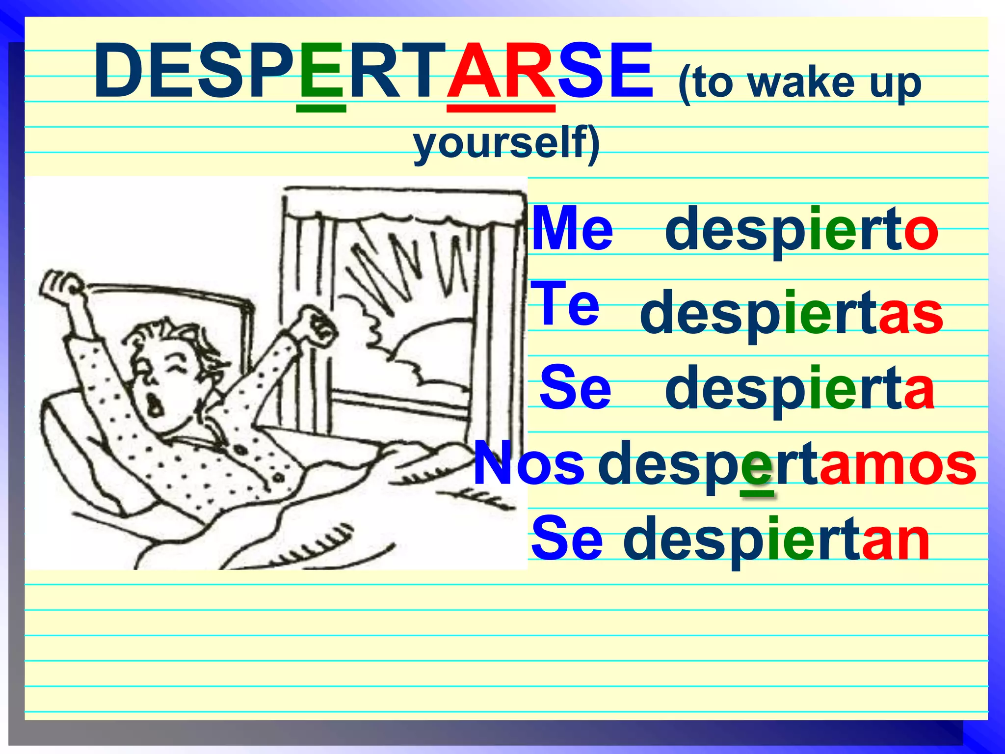 DESPERTARSE(to wake up yourself)despiertoMeTedespiertasdespiertaSedespertamosNosdespiertanSe