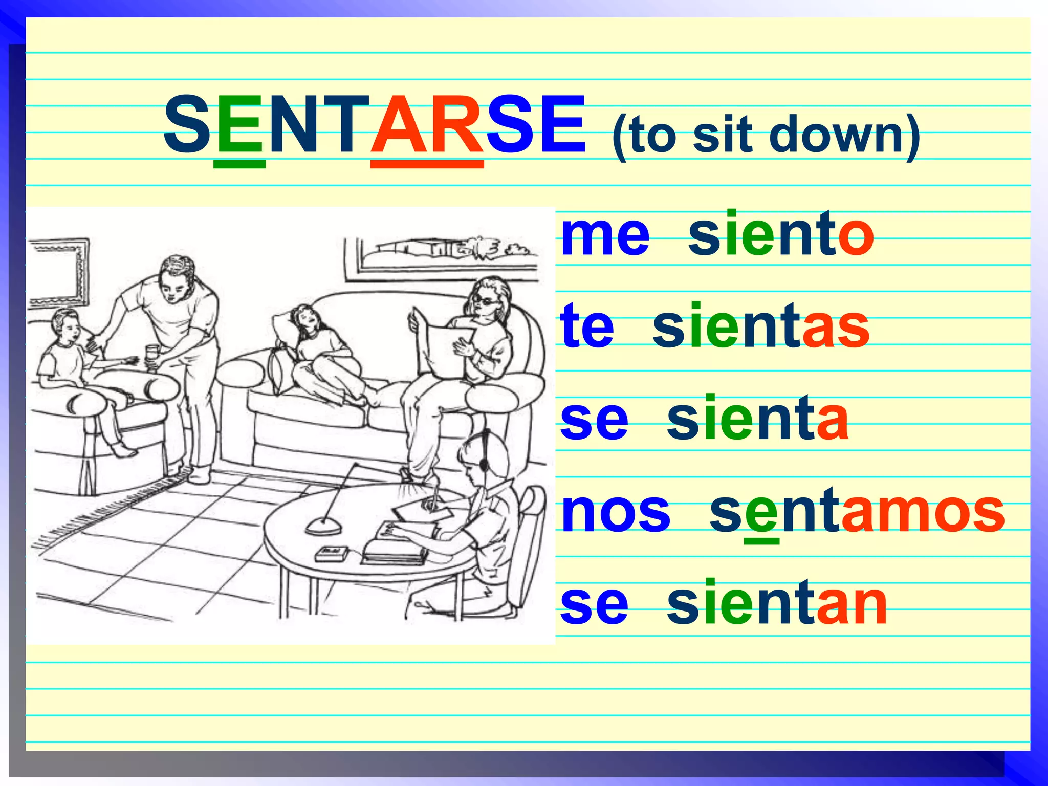 SENTARSE (to sit down)me  sientote  sientasse  sientanos  sentamosse  sientan