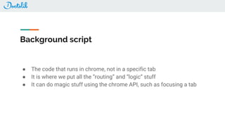 Background script
● The code that runs in chrome, not in a specific tab
● It is where we put all the “routing” and “logic” stuff
● It can do magic stuff using the chrome API, such as focusing a tab
 