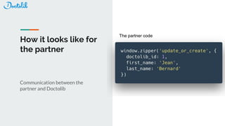 How it looks like for
the partner
Communication between the
partner and Doctolib
The partner code
 