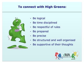 To connect with High Greens: 
‣ Be logical 
‣ Be time disciplined 
‣ Be respectful of rules 
‣ Be prepared 
‣ Be precise 
‣ Be structured and well organised 
‣ Be supportive of their thoughts 
 
