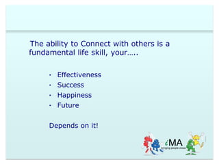 The ability to Connect with others is a 
fundamental life skill, your….. 
‣ Effectiveness 
‣ Success 
‣ Happiness 
‣ Future 
Depends on it! 
 
