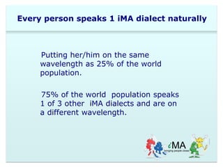 Every person speaks 1 iMA dialect naturally 
Putting her/him on the same 
wavelength as 25% of the world 
population. 
75% of the world population speaks 
1 of 3 other iMA dialects and are on 
a different wavelength. 
 
