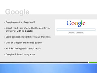 Google
» Google owns the playground!

» Search results are affected by the people you
 are friends with on Google+

» Social connections hold more value than links

» Sites on Google+ are indexed quickly

» +1 links rank higher in search results

» Google+ & Search Integration
 