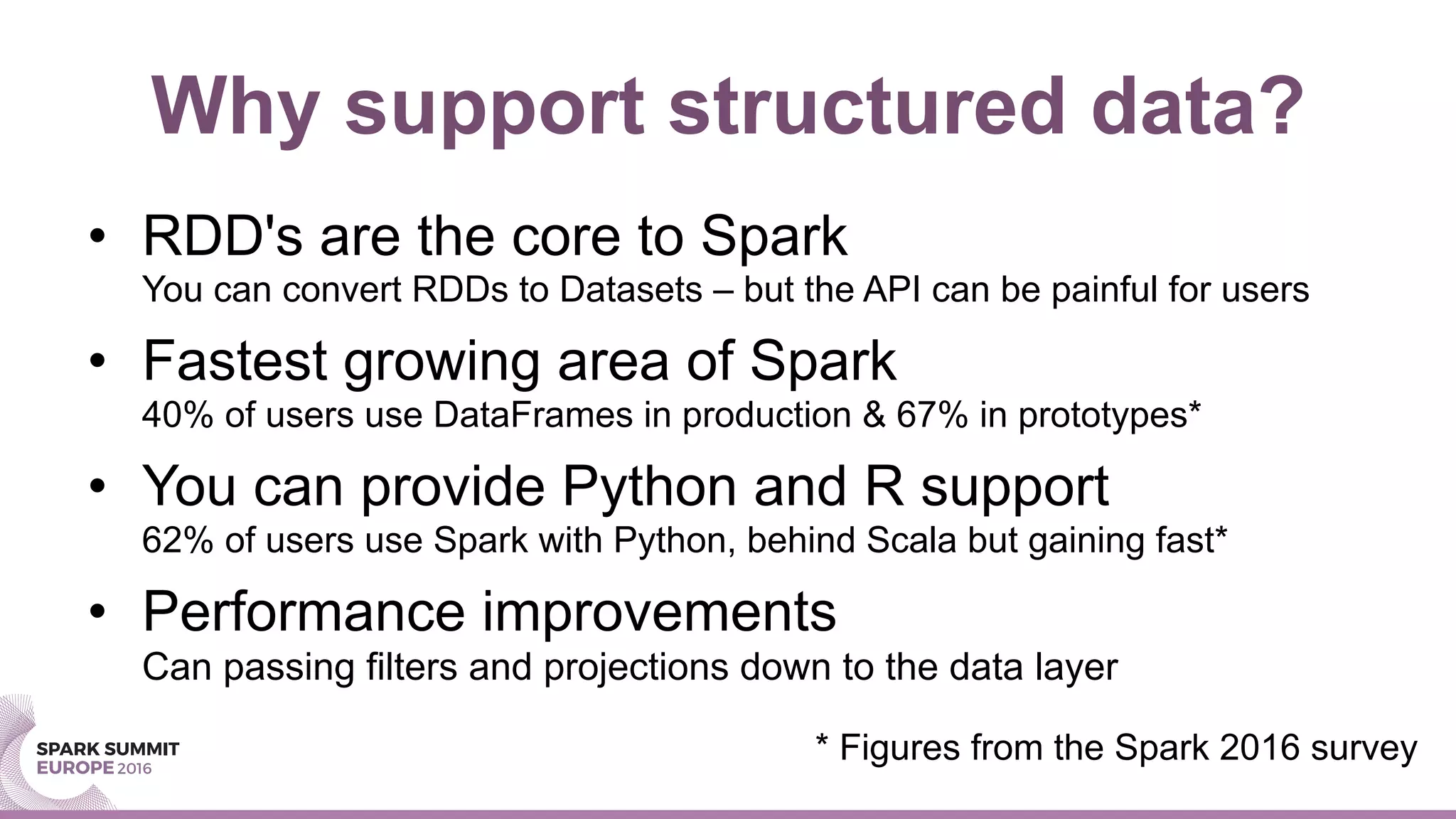 Why support structured data?
•  RDD's are the core to Spark
You can convert RDDs to Datasets – but the API can be painful for users
•  Fastest growing area of Spark
40% of users use DataFrames in production & 67% in prototypes*
•  You can provide Python and R support
62% of users use Spark with Python, behind Scala but gaining fast*
•  Performance improvements
Can passing filters and projections down to the data layer
* Figures from the Spark 2016 survey
 