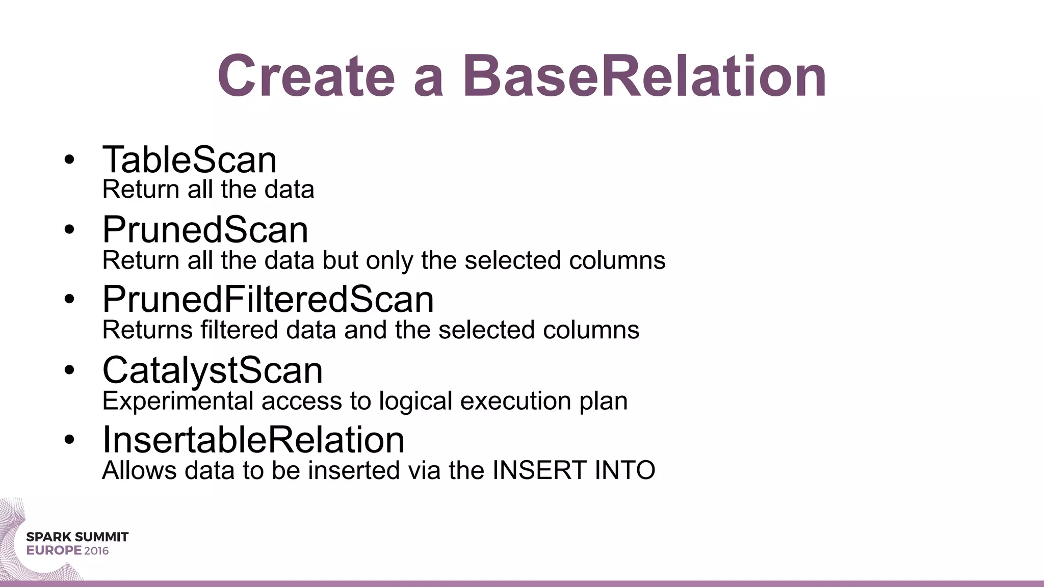 Create a BaseRelation
•  TableScan
Return all the data
•  PrunedScan
Return all the data but only the selected columns
•  PrunedFilteredScan
Returns filtered data and the selected columns
•  CatalystScan
Experimental access to logical execution plan
•  InsertableRelation
Allows data to be inserted via the INSERT INTO
 