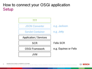 How to connect your OSGi application
Automotive Service Solutions | AA-AS/EIS2-EU | 23.10.2018
© Robert Bosch GmbH 2018. Alle Rechte vorbehalten, auch bzgl. jeder Verfügung, Verwertung, Reproduktion, Bearbeitung, Weitergabe sowie für den Fall von Schutzrechtsanmeldungen.
5
Setup
JVM
OSGi Framework
JSON Converter
Servlet Container
???
e.g. Equinox or Felix
SCR Felix SCR
e.g. Jetty
Application / Services
e.g. Jackson
 