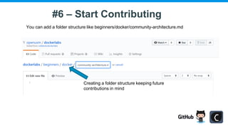 #6 – Start Contributing
You can add a folder structure like beginners/docker/community-architecture.md
Creating a folder s...