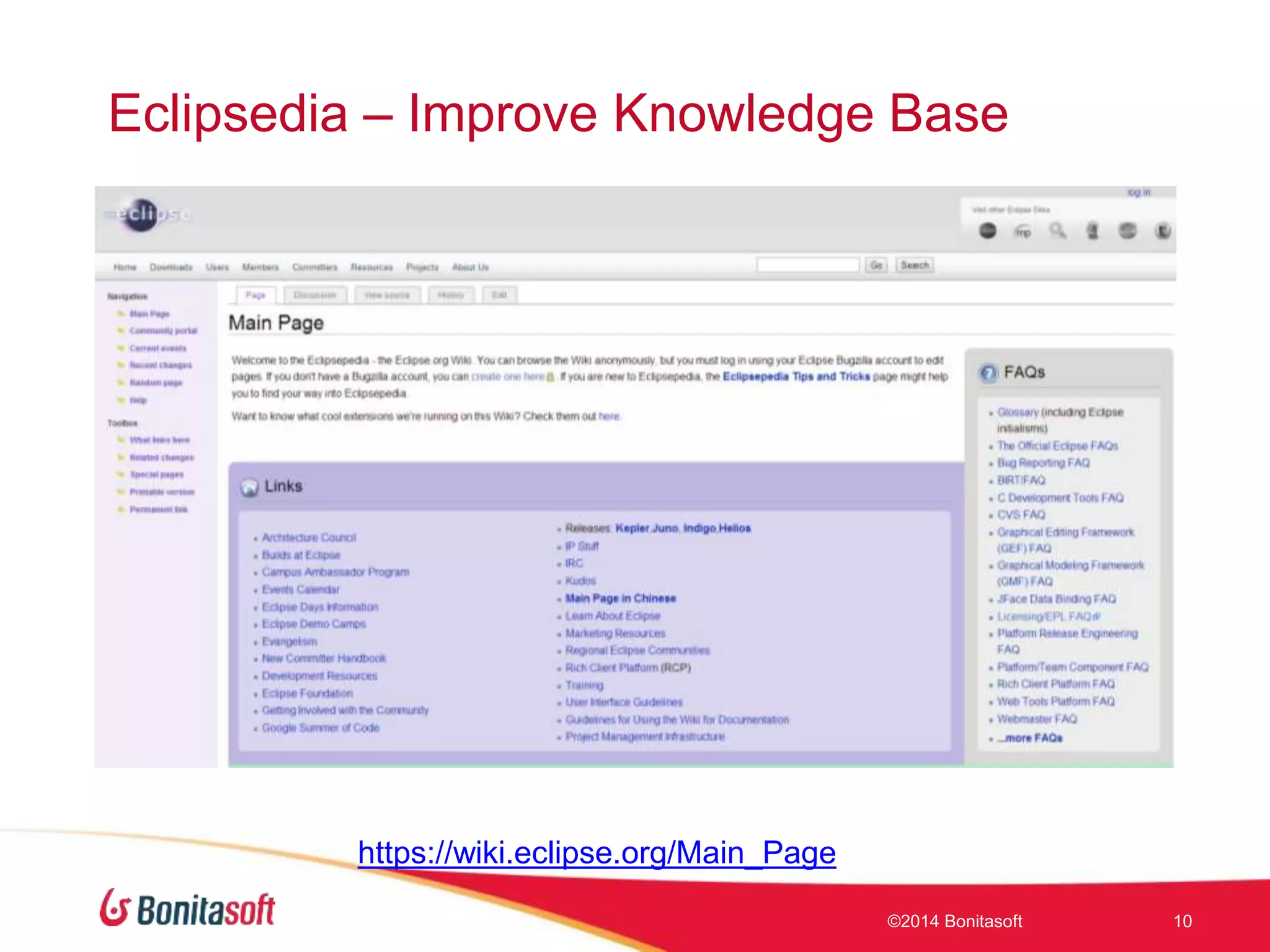 Eclipsedia – Improve Knowledge Base
©2014 Bonitasoft 10
https://wiki.eclipse.org/Main_Page
 