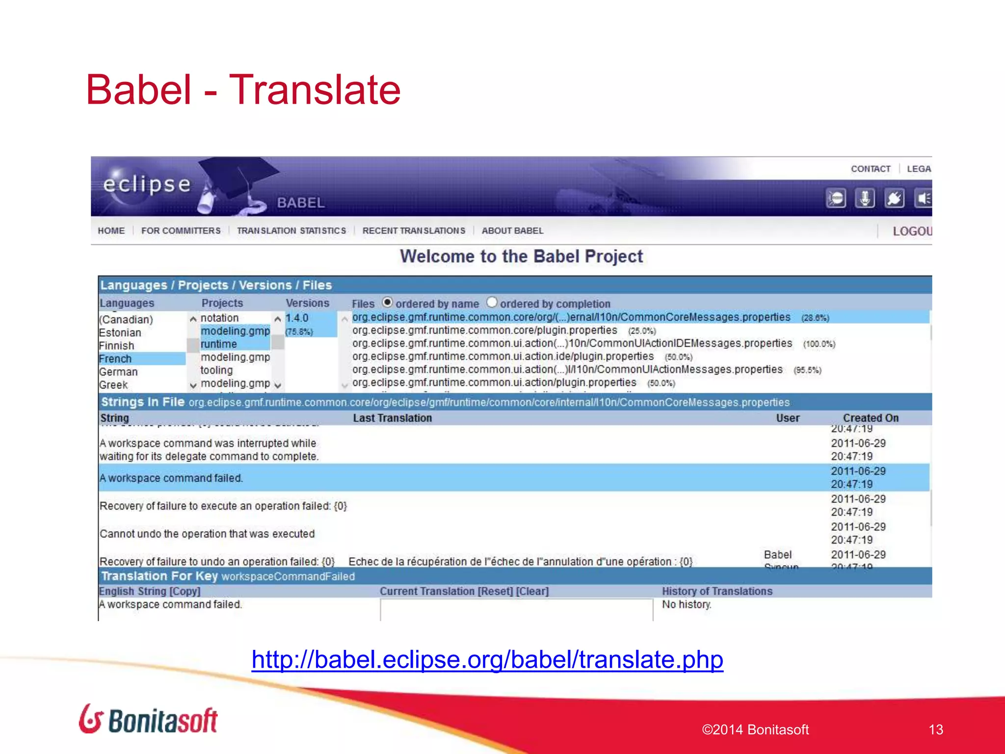 Babel - Translate
©2014 Bonitasoft 13
http://babel.eclipse.org/babel/translate.php
 