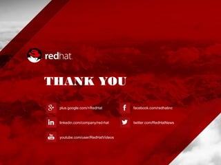 THANK YOU
plus.google.com/+RedHat
linkedin.com/company/red-hat
youtube.com/user/RedHatVideos
facebook.com/redhatinc
twitter.com/RedHatNews
 