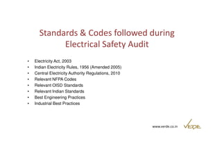Standards & Codes followed during 
Electrical Safety Audit 
• Electricity Act, 2003 
• Indian Electricity Rules, 1956 (Amended 2005) 
• Central Electricity Authority Regulations, 2010 
• Relevant NFPA Codes 
www.verde.co.in 
• Relevant OISD Standards 
• Relevant Indian Standards 
• Best Engineering Practices 
• Industrial Best Practices 
 