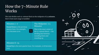 preencoded.png
How the 7-Minute Rule
Works
The rule divides each 15-minute block at the midpoint of 7.5 minutes.
Here's how each range is handled:
Minutes 1–7
Round Down to the previous
quarter hour. For example,
9:07 becomes 9:00.
The Midpoint: 7.5
Minutes
This is the exact center of
the 15-minute block — the
dividing line between
rounding down and
rounding up.
Minutes 8–14
Round Up to the next quarter hour. For example, 9:08 becomes
9:15.
 