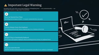 preencoded.png
Important Legal Warning
Rounding rules come with serious legal obligations. Misapplying them — even unintentionally — can
expose your business to wage claims and penalties.
Must Be Neutral Over Time
Rounding must average out fairly — it cannot consistently favor one party.
Cannot Always Favor the Employer
If rounding systematically reduces employee pay, it is a violation of the FLSA.
Illegal if Pay is Consistently Reduced
Courts have ruled against employers whose rounding practices always cut employee hours.
Keep Accurate Records
Maintain detailed timekeeping records to demonstrate neutrality if ever audited or challenged.
 