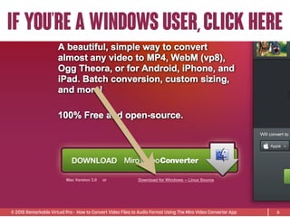 © 2015 Remarkable Virtual Pro· How to Convert Video Files to Audio Format Using The Miro Video Converter App
if you’re a windows user,click here
6
 