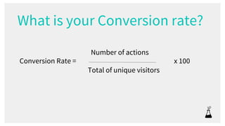 What is your Conversion rate?
Conversion Rate =
Number of actions
Total of unique visitors
x 100
 