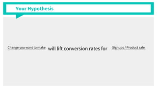 Your Hypothesis
Change you want to make will lift conversion rates for Signups / Product sale
 