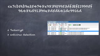 ca7cb56b9a254748e983929953df32f219905f
96486d91390e8d5d641dc9916d
Teslacrypt
antivirus detection
 