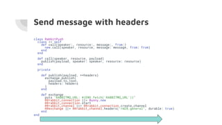Send message with headers
class RabbitPush
class << self
def call(speaker:, resource:, message:, from:)
new.call(speaker, ...