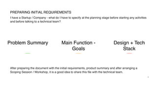 I have a Startup / Company - what do I have to specify at the planning stage before starting any activities
and before talking to a technical team?
PREPARING INITIAL REQUIREMENTS
3
Problem Summary Main Function -
Goals
Design + Tech
Stack
After preparing the document with the initial requirements, product summary and after arranging a
Scoping Session / Workshop, it is a good idea to share this ﬁle with the technical team.
 