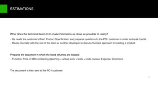 9/X
ESTIMATIONS
8
He reads the customer's Brief, Product Speciﬁcation and prepares questions to the PO / customer in order to dispel doubts.
Meets internally with the rest of the team or another developer to discuss the best approach to building a product.
What does the technical team do to make Estimation as close as possible to reality?
Function; Time in MDs containing (planning + actual work + tests + code review); Expense; Comment.
Prepares the document in which the listed columns are located:
The document is then sent to the PO / customer.
 