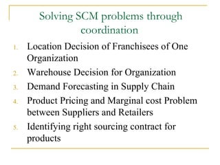 Solving SCM problems through coordination  Location Decision of Franchisees of One Organization Warehouse Decision for Organization Demand Forecasting in Supply Chain Product Pricing and Marginal cost Problem between Suppliers and Retailers Identifying right sourcing contract for products 