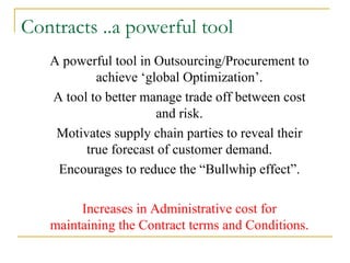 Contracts ..a powerful tool A powerful tool in Outsourcing/Procurement to achieve ‘global Optimization’. A tool to better manage trade off between cost and risk. Motivates supply chain parties to reveal their true forecast of customer demand. Encourages to reduce the “Bullwhip effect”. Increases in Administrative cost for maintaining the Contract terms and Conditions. 