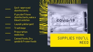 SUPPLIES YOU’LL
NEED
Govt.-approved
disinfectants
Ifyoudon’thave
disinfectants,makea
bleachsolution
Laundrydetergent
Trashbags
Prescription
medicines
Cannedfoods,Dry
goods&Frozenfoods
 