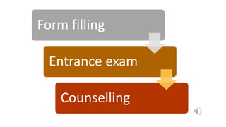 Form filling
Entrance exam
Counselling
 