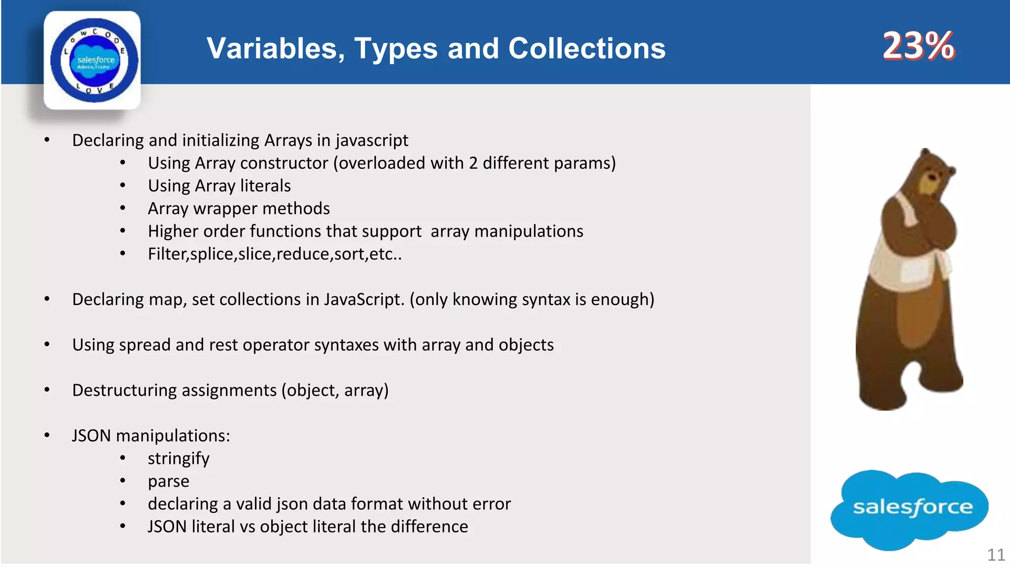 Variables, Types and Collections Logo • Declaring and initializing Arrays in javascript • Using Array constructor (overloaded with 2 different params) • Using Array literals • Array wrapper methods • Higher order functions that support array manipulations • Filter,splice,slice,reduce,sort,etc.. • Declaring map, set collections in JavaScript. (only knowing syntax is enough) • Using spread and rest operator syntaxes with array and objects • Destructuring assignments (object, array) • JSON manipulations: • stringify • parse • declaring a valid json data format without error • JSON literal vs object literal the difference 11 