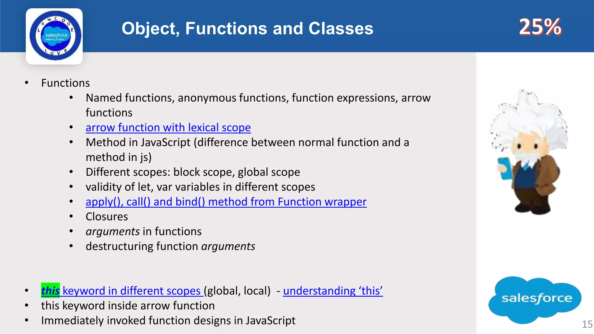 Object, Functions and Classes Logo • Functions • Named functions, anonymous functions, function expressions, arrow functions • arrow function with lexical scope • Method in JavaScript (difference between normal function and a method in js) • Different scopes: block scope, global scope • validity of let, var variables in different scopes • apply(), call() and bind() method from Function wrapper • Closures • arguments in functions • destructuring function arguments • this keyword in different scopes (global, local) - understanding ‘this’ • this keyword inside arrow function • Immediately invoked function designs in JavaScript 15 
