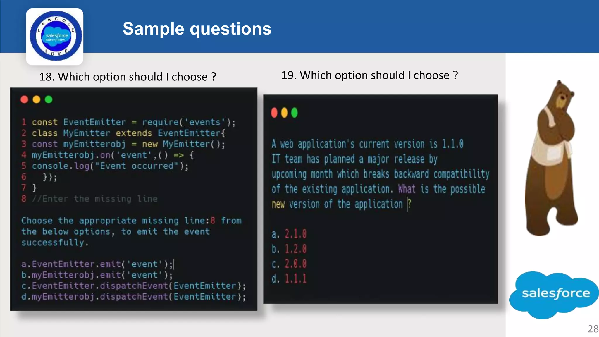 Sample questions Logo 28 19. Which option should I choose ? 18. Which option should I choose ? 