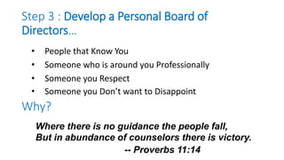 Step 3 : Develop a Personal Board of
Directors…
• Someone who is around you Professionally
• People that Know You
• Someone you Respect
• Someone you Don’t want to Disappoint
Why?
Where there is no guidance the people fall,
But in abundance of counselors there is victory.
-- Proverbs 11:14
 