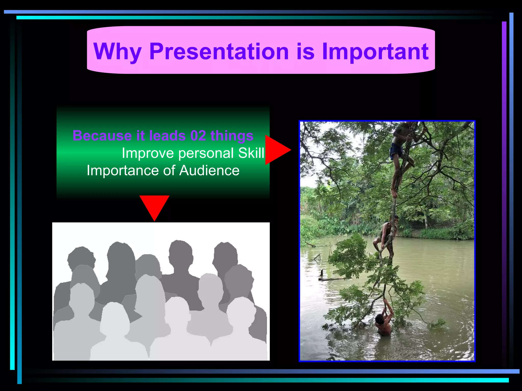 Why Presentation is Important Because it leads 02 things Improve personal Skill Importance of Audience 