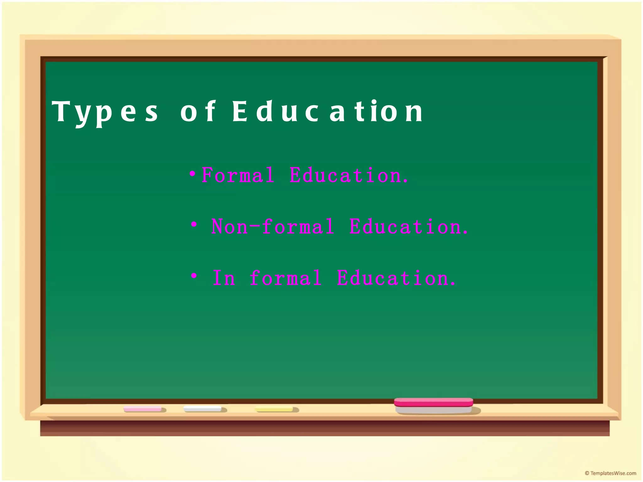 Types of Education Formal Education.  Non-formal Education. In formal Education. 