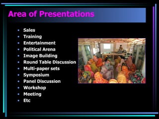 Area of Presentations Sales Training Entertainment Political Arena Image Building Round Table Discussion Multi-paper sets Symposium Panel Discussion Workshop Meeting  Etc  