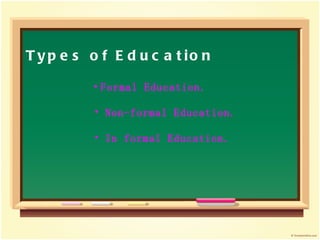 Types of Education Formal Education.  Non-formal Education. In formal Education. 