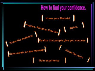 How to find your confidence.  Know your Material   Practice. Practice. Practice   Know the audience   Know the room Relax,   Realize that people give you success   Concentrate on the massage Gain experience   