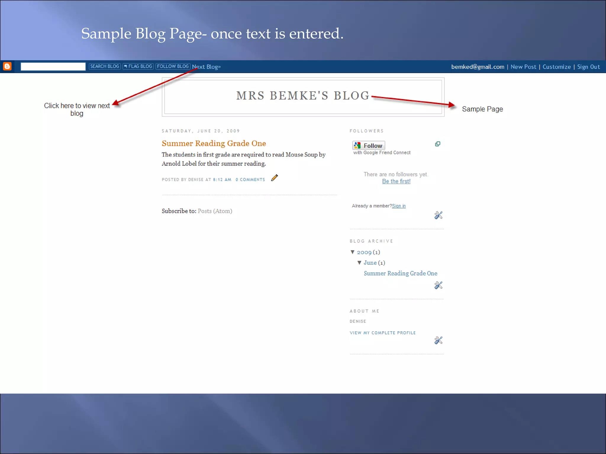 Sample Blog Page- once text is entered.