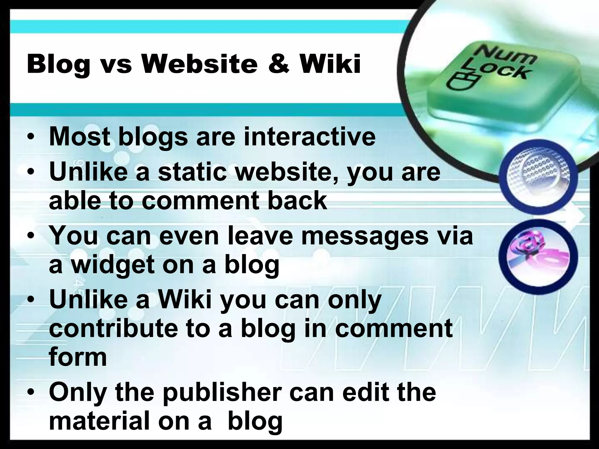 Other types of Blogs include:Art BlogsPhoto BlogsVideo BloggingPodcasting (Audio Blogging)Microblogging (Very short post)