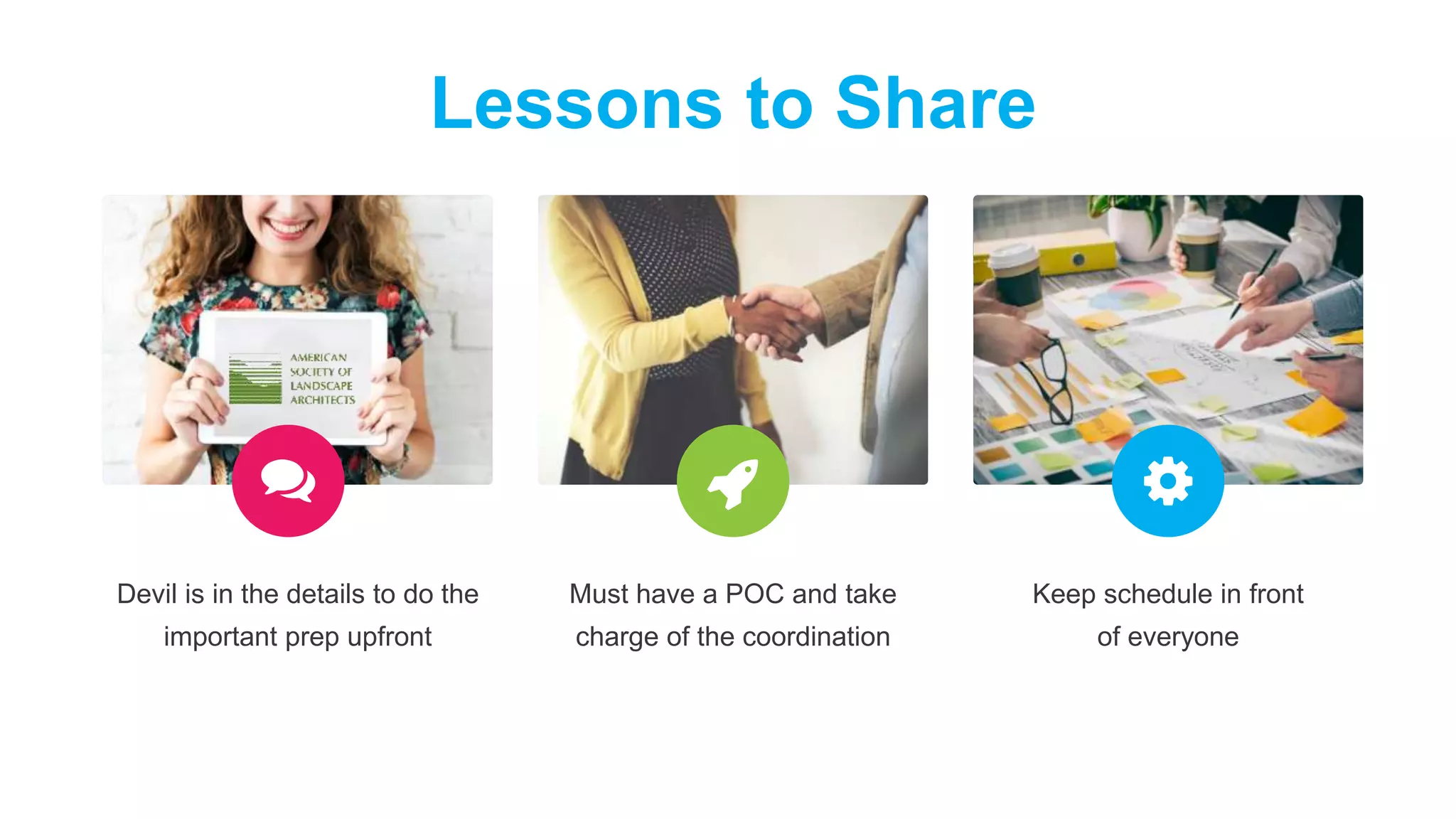 Lessons to Share
Devil is in the details to do the
important prep upfront
Keep schedule in front
of everyone
Must have a POC and take
charge of the coordination
 